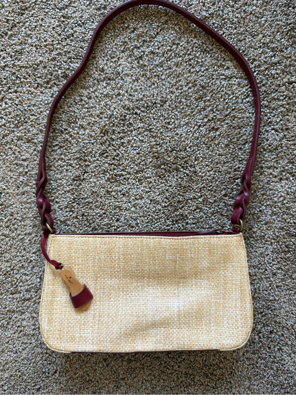 ETIENNE AINGER Vintage Woven Straw Burgundy Leather Trim Shoulder Bag